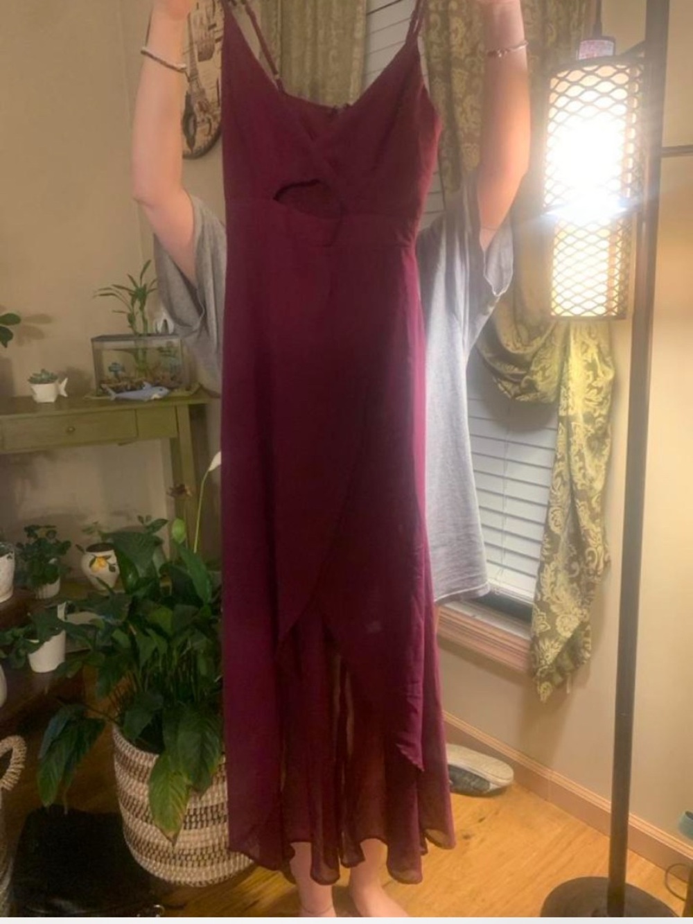 Charlotte Russe Women’s Sleeveless Burgundy Midi Dress with Asymmetrical Hem